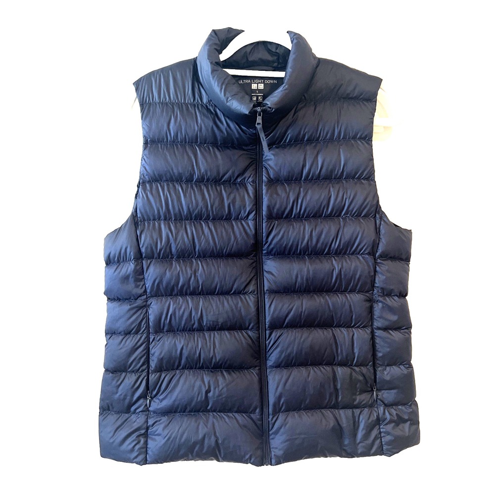 Uniqlo Ultra Light Down Puffer Vest Womens Large Navy Blue Packable Stand Collar